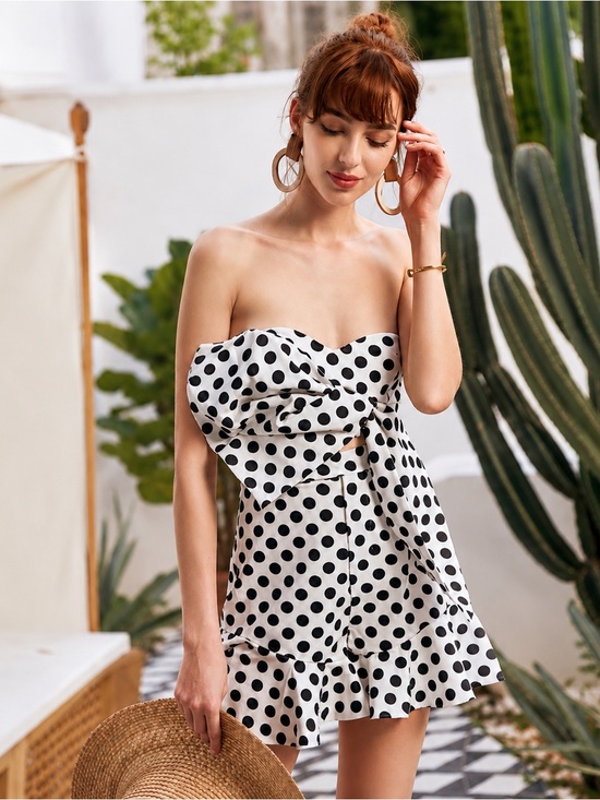 Dresses & Skirts - Black White Polka Dot Two Piece Set | Strapless Bow Top & Mini Skirt | Size S